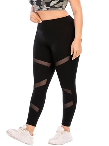Leggings in Übergröße, Schwarze Netz-Yogahose für Damen mit Taschen, hohe Taille, Bauchkontrolle und kniebeugensichere Workout-Leggings, Schwarz, XXX-Large Mehr von MEJING