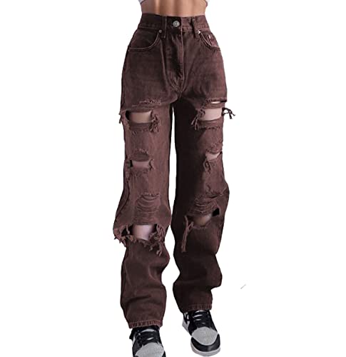 Damen Loose Jeans Ripped Distressed Holes High Waist Cut Straight Casual Baggy Denim Pants Hosen E-Girls Y2K Streetwear, Braun, XL von MEKIN