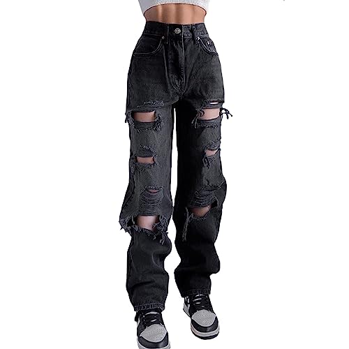 MEKIN Damen Loose Jeans Ripped Distressed Holes High Waist Cut Straight Casual Baggy Denim Pants Hosen E-Girls Y2K Streetwear (as3, Alpha, m, Regular, Regular, schwarz) von MEKIN