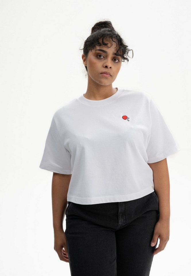 MELA Kurzarmshirt Cropped T-Shirt schwer JOSHNA Stickerei Rippbündchen von MELA