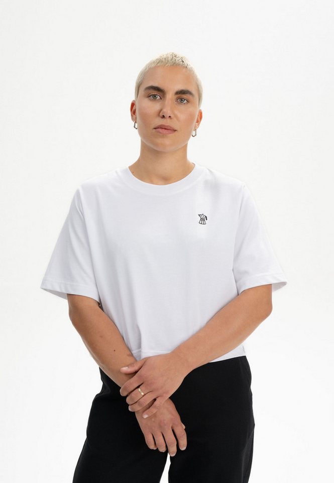 MELA Kurzarmshirt Cropped T-Shirt schwer JOSHNA Stickerei Rippbündchen von MELA