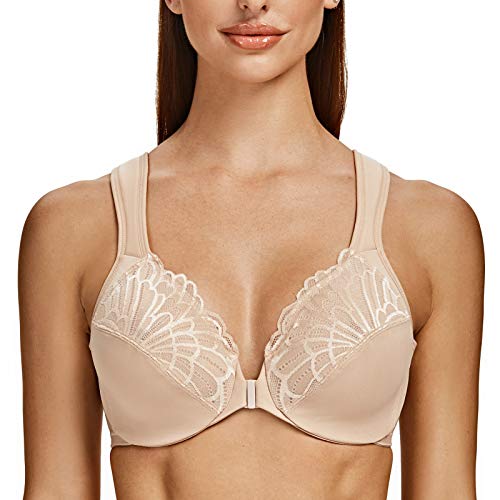 MELENECA Damen BH Vorderverschluss Große Größen mit Bügel Spitze ohne polsterung BH Hell beige 85E von MELENECA