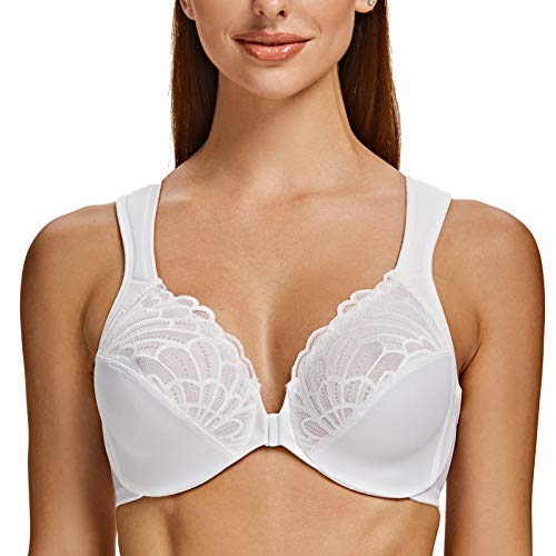 MELENECA Damen BH Vorderverschluss Große Größen mit Bügel Spitze ohne polsterung BH Weiß 95G von MELENECA