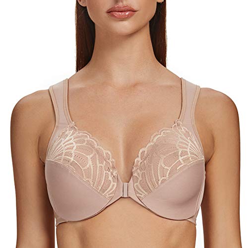 MELENECA Damen BH Vorderverschluss Große Größen mit Bügel Spitze ohne polsterung BH Beige 105F von MELENECA