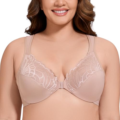 MELENECA Damen BH Vorderverschluss Große Größen mit Bügel Spitze ohne polsterung BH Beige 95G von MELENECA