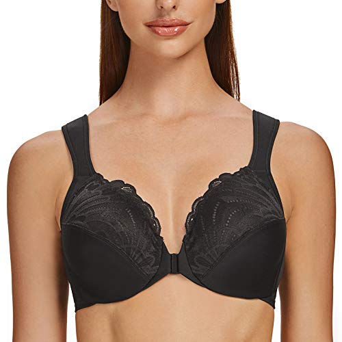MELENECA Damen BH Vorderverschluss Große Größen mit Bügel Spitze ohne polsterung BH Schwarz 105F von MELENECA