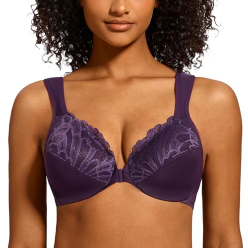 MELENECA Damen BH Vorderverschluss Große Größen mit Bügel Spitze ohne polsterung BH Violett 85H von MELENECA