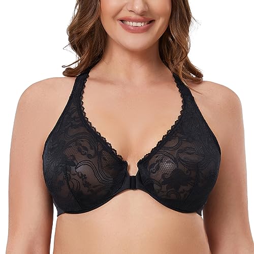 MELENECA Damen-BH mit Racerback und ungefütterter Spitze und Bügelverschluss vorne für Übergrößen Schwarz 85D von MELENECA