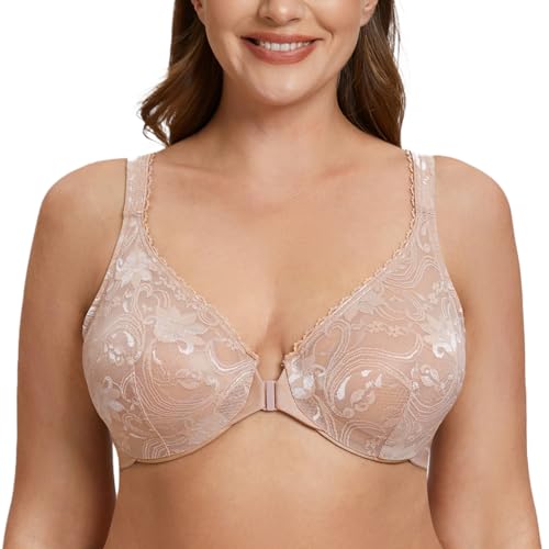 MELENECA Damen-Bügel-BH in Übergröße mit Vorderverschluss ohne Polsterung volle Abdeckung Spitze Beige 100C von MELENECA