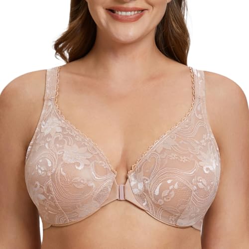 MELENECA Damen-Bügel-BH in Übergröße mit Vorderverschluss ohne Polsterung volle Abdeckung Spitze Beige 75E von MELENECA