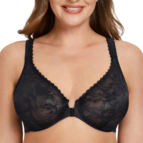 MELENECA Damen-Bügel-BH in Übergröße mit Vorderverschluss ohne Polsterung volle Abdeckung Spitze Schwarz 75C von MELENECA