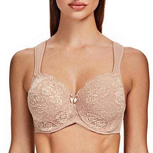 MELENECA Damen Minimizer Spitzen BH - mit Bügel Vollschalen Ungepolstert Große Größen BH Beige Spitze 90B von MELENECA