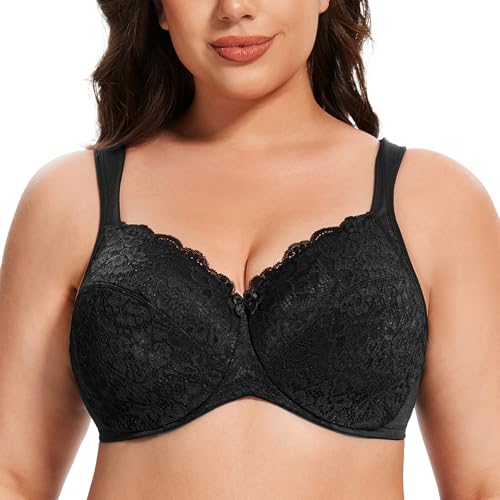 MELENECA Damen Minimizer Spitzen BH - mit Bügel Vollschalen Ungepolstert Große Größen BH Schwarze Spitze 75C von MELENECA