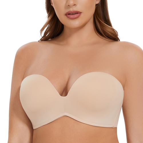 MELENECA Damen Ohne Bügel Gepolstert Anti-Rutsch Push Up Trägerloser BH Beige 100F von MELENECA