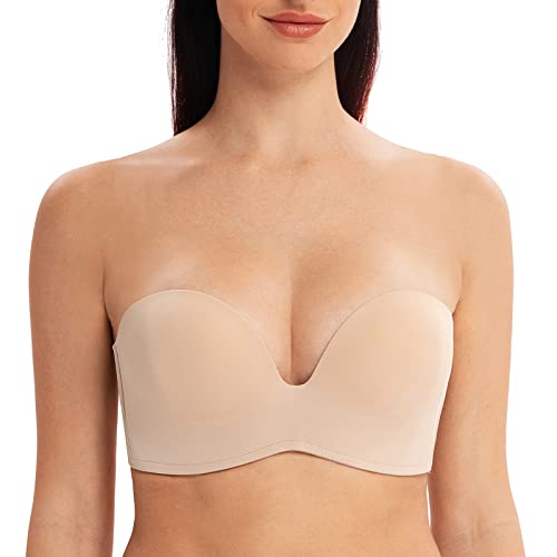 MELENECA Damen Ohne Bügel Push Up Geformte Cups Trägerloser Lift Up BH Beige 100C von MELENECA