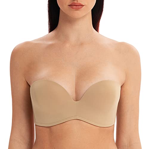 MELENECA Damen Ohne Bügel Push Up Geformte Cups Trägerloser Lift Up BH Mandel 85C von MELENECA