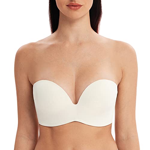 MELENECA Damen Ohne Bügel Push Up Geformte Cups Trägerloser Lift Up BH gebrochenes weiß 70B von MELENECA