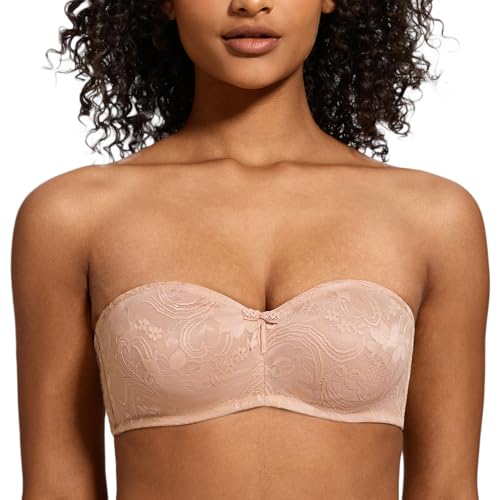 MELENECA Damen Trägerloser Bandeau-BH Minimizer mit Bügel, Ungepolstert, Durchsichtige Spitze & Ohne Träger Beige 70C von MELENECA
