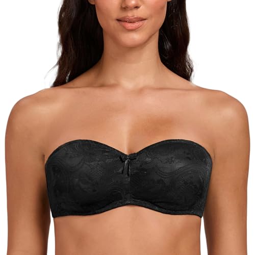 MELENECA Damen Trägerloser Bandeau-BH Minimizer mit Bügel, Ungepolstert, Durchsichtige Spitze & Ohne Träger Schwarz 80C von MELENECA