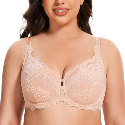 MELENECA Damen Voll Bedeckender BH Übergröße Minimizer Spitze Ungefüttert Bügel Beige 75C von MELENECA