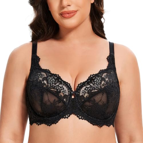 MELENECA Damen Voll Bedeckender BH Übergröße Minimizer Spitze Ungefüttert Bügel Schwarz 85C von MELENECA