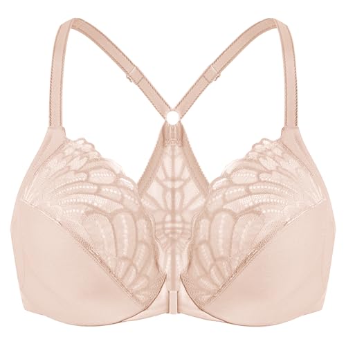 MELENECA Damen Vorderverschluss BH Racerback mit Bügel Spitze Große Größen ungefüttert Beige 110E von MELENECA