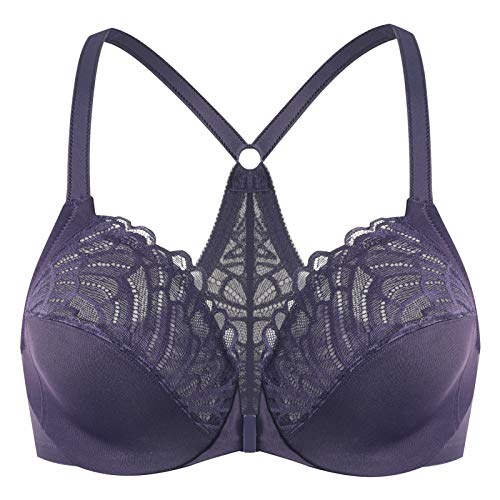 MELENECA Damen Vorderverschluss BH Racerback mit Bügel Spitze Große Größen ungefüttert Violett 100C von MELENECA