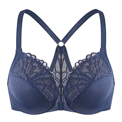MELENECA Damen Vorderverschluss BH Racerback mit Bügel Spitze Große Größen ungefüttert Blue 100C von MELENECA