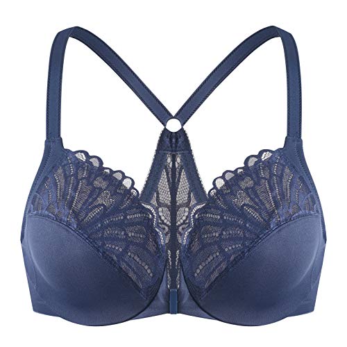 MELENECA Damen Vorderverschluss BH Racerback mit Bügel Spitze Große Größen ungefüttert Blue 85B von MELENECA