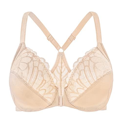 MELENECA Damen Vorderverschluss BH Racerback mit Bügel Spitze Große Größen ungefüttert Hell beige 100C von MELENECA