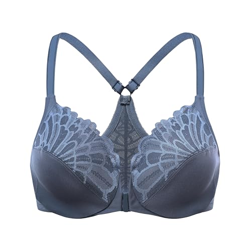 MELENECA Damen Vorderverschluss BH Racerback mit Bügel Spitze Große Größen ungefüttert Slate Blue 100C von MELENECA