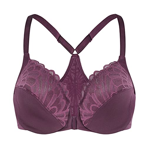 MELENECA Damen Vorderverschluss BH Racerback mit Bügel Spitze Große Größen ungefüttert Traubenwein 90C MELENECA Damen Vorderverschluss BH Racerback mit Bügel Spitze Große Größen ungefüttert Traubenwein 90C von MELENECA