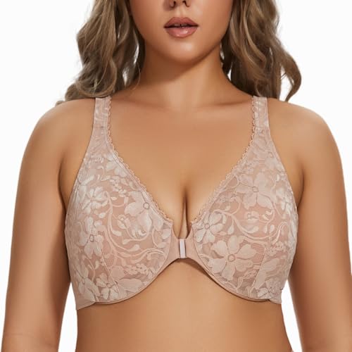 MELENECA Damen Vorderverschluss BH aus Spitze mit Bügel Unwattierter Große Größen Beige 90E von MELENECA