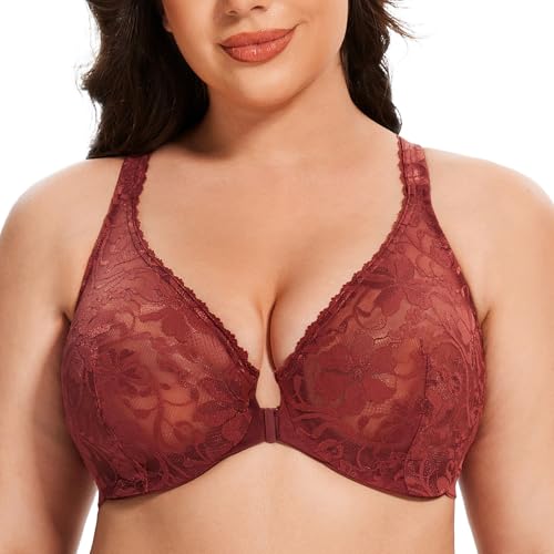 MELENECA Damen Vorderverschluss BH aus Spitze mit Bügel Unwattierter Große Größen Cabernet Rot 80C von MELENECA