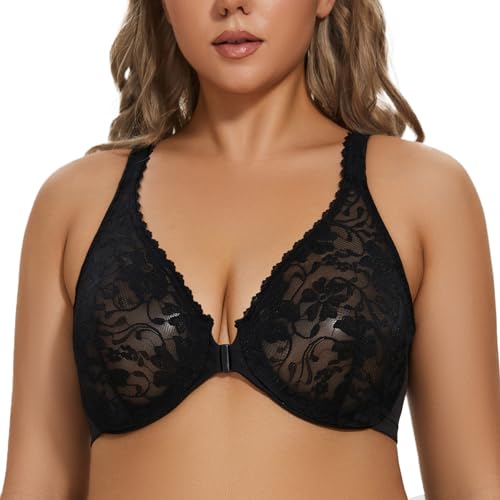 MELENECA Damen Vorderverschluss BH aus Spitze mit Bügel Unwattierter Große Größen Schwarz 85C von MELENECA