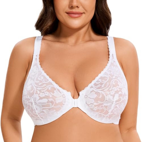 MELENECA Damen Vorderverschluss BH aus Spitze mit Bügel Unwattierter Große Größen Weiß 85C von MELENECA
