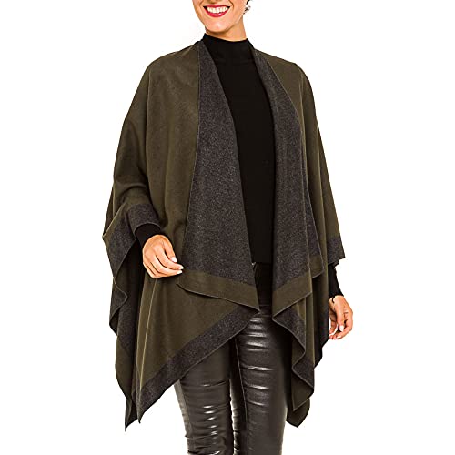 Damen Umschlag-Poncho Ruana Cape Cardigan Sweater Open Front für Herbst Winter, Bordüren-Design, Armeegrün und Grau, Einheitsgröße von MELIFLUOS DESIGNED IN SPAIN