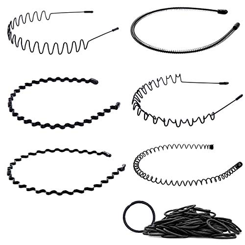 6 Stück Metall Haarreif Herren, Schwarz Haarreifen Unisex Wave Haarband Spring Haarbänder Multi-Style Stirnband Zubehör für Outdoor Sports Yoga mit Gummiband von MELLIEX