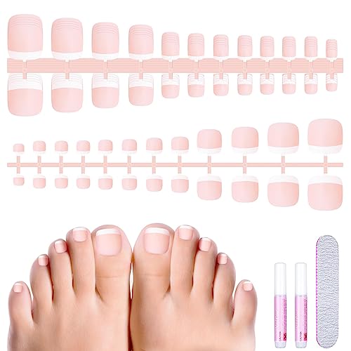 MELLIEX 120 Stück Falsche Fußnägel Kit, Französisch Natürliche Künstlich Matt Fußnägel zum Aufkleben, Full Cover Toe Nails Tips für Frauen, 12 Größen von MELLIEX