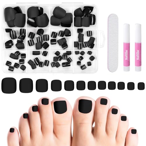 MELLIEX 120 Stück Falsche Fußnägel Kit Französisch Künstlich Matt Fußnägel zum Aufkleben Full Cover Toe Nails Tips für Frauen mit Werkzeuge und Nagelfeile - Schwarz von MELLIEX