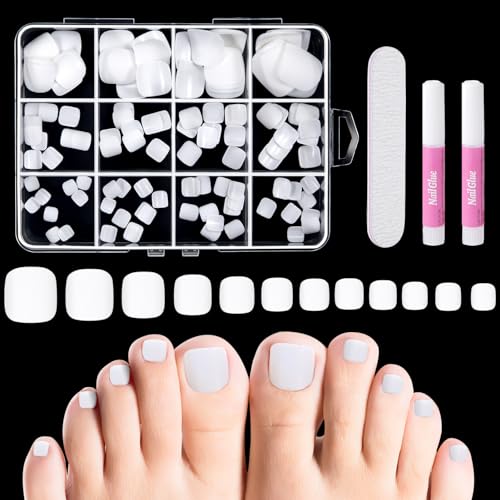 MELLIEX 120 Stück Falsche Fußnägel Kit Französisch Künstlich Matt Fußnägel zum Aufkleben Full Cover Toe Nails Tips für Frauen mit Werkzeuge und Nagelfeile - Weiß von MELLIEX