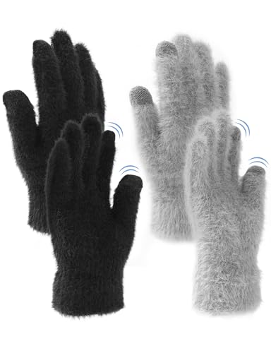 MELLIEX 2 Paar Damen Fingerlose Handschuhe, Winter Armstulpen Handschuhe Fingerlos Warm Plüsch Gestrickte Kurze Fäustlinge für Damen Mädchen - Schwarz und Grau von MELLIEX