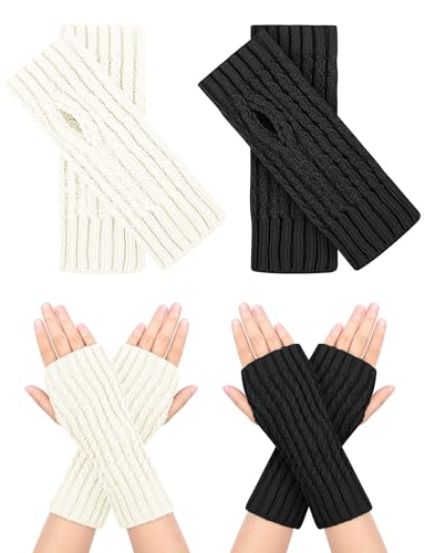 MELLIEX 2 Paar Fingerlose Handschuhe, Warm Pulswärmer mit Daumenloch Strick Handstulpen Winter Unisex，Schwarz + Weiß von MELLIEX