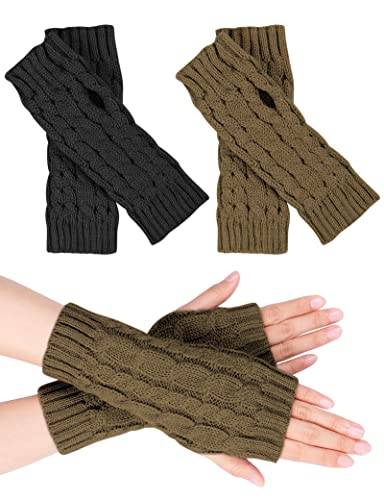 MELLIEX 2 Paar Halb Fingerlose Handschuhe, Damen Pulswärmer Winter Strickhandschuhe Warm Kurzer Halb Handstulpen Unisex Schwarz/Braun von MELLIEX