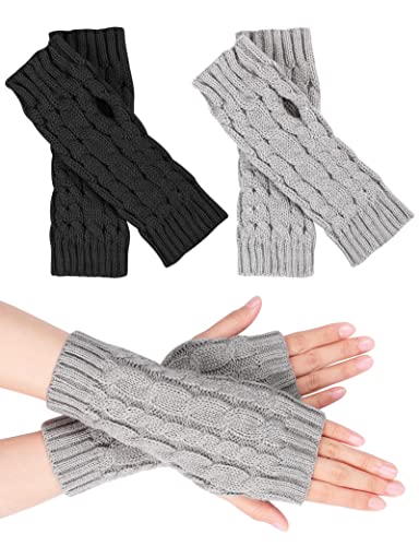 MELLIEX 2 Paar Halb Fingerlose Handschuhe, Damen Pulswärmer Winter Strickhandschuhe Warm Kurzer Halb Handstulpen Unisex Schwarz/Grau von MELLIEX