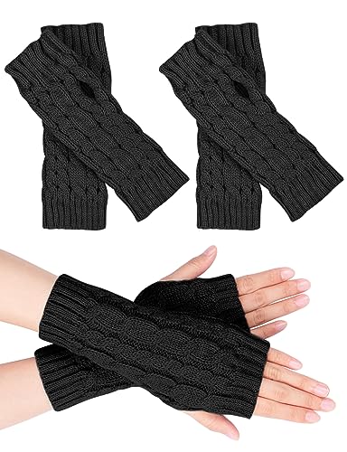 MELLIEX 2 Paar Halb Fingerlose Handschuhe, Damen Pulswärmer Winter Strickhandschuhe Warm Kurzer Halb Handstulpen Unisex Schwarz von MELLIEX