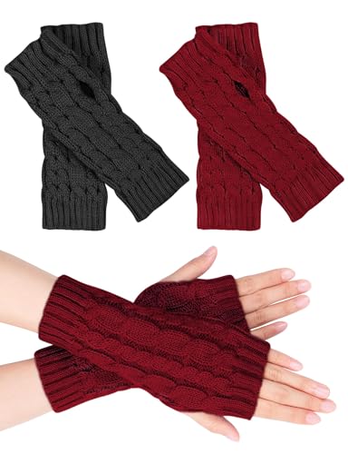 MELLIEX 2 Paar Halb Fingerlose Handschuhe, Damen Pulswärmer Winter Strickhandschuhe Warm Kurzer Halb Handstulpen Unisex von MELLIEX