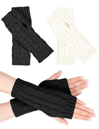 MELLIEX 2 Paar Halb Fingerlose Handschuhe, Damen Pulswärmer Winter Strickhandschuhe Warm Kurzer Halb Handstulpen Unisex von MELLIEX