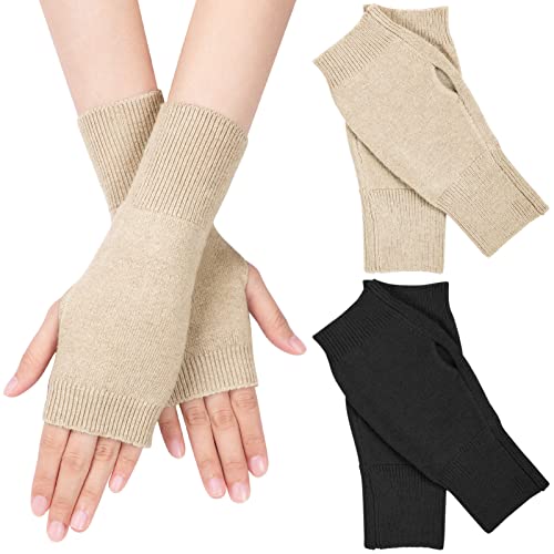 MELLIEX 2 Paar Halb Fingerlose Handschuhe, Winter Kaschmir Pulswärmer Handstulpen Unisex Warm Strickhandschuhe Schwarz/Braun von MELLIEX