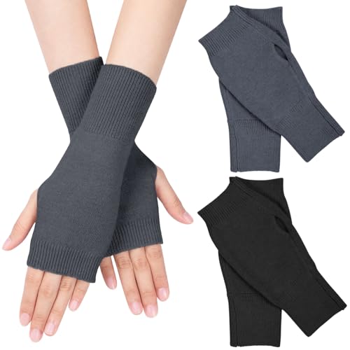 MELLIEX 2 Paar Halb Fingerlose Handschuhe, Winter Pulswärmer Handschuhe Unisex Warm Weiche Strickhandschuhe, Schwarz/Dunkelgrau von MELLIEX